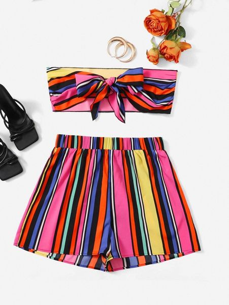 

plus block striped knot front tube & shorts p6he#, Black