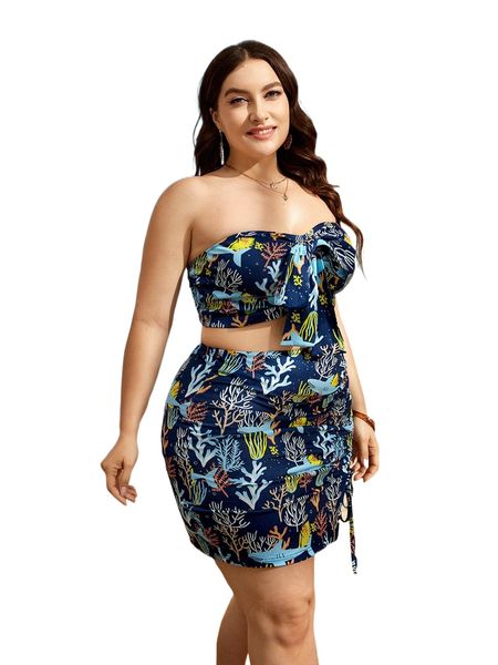 

plus coral & shark print crop tube & drawstring split hem skirt s3cv#, Black