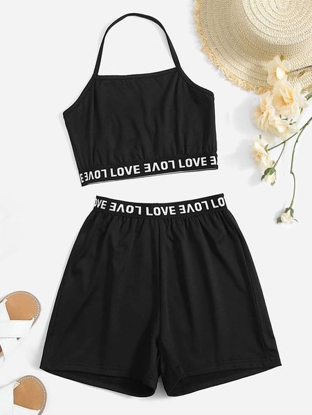 

girls contrast letter tape halter & shorts she, White