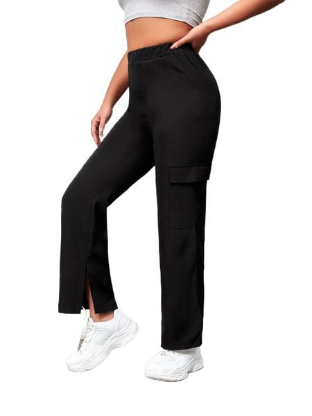 

petite slit hem flap pocket pants m6zl#, Black;white