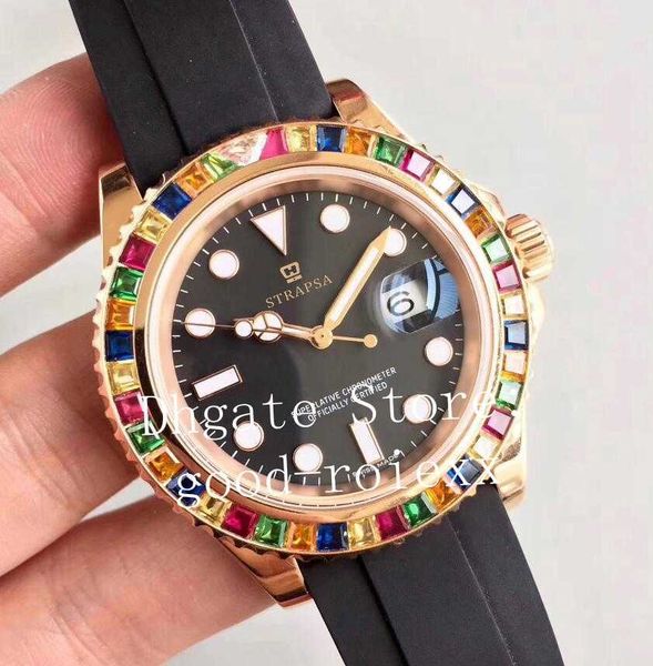 

luxury automatic eta 2836 watches mens gem-set multi color rainbow diamond bezel 116695sats rose gold men rubber 116695 noobf factory watch, Slivery;brown