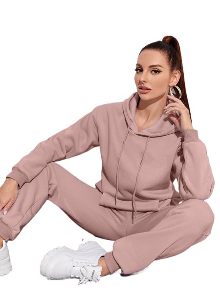 

drawstring drop shoulder thermal lined hoodie & sweatpants i1uz#, White