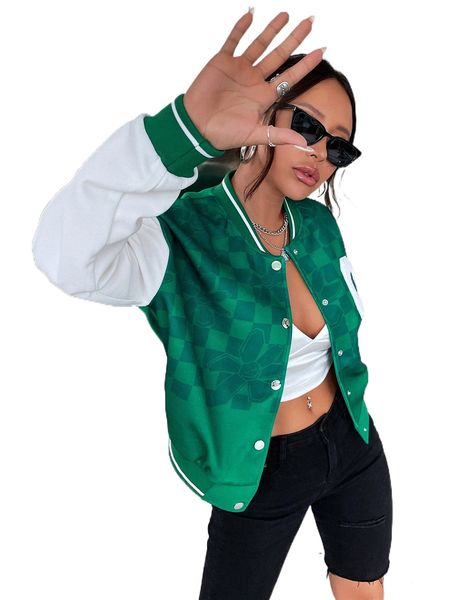 

letter patch detail two tone drop shoulder bomber jacket v77i#, Black;brown