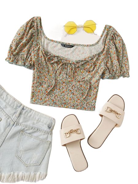 

plus sweetheart neck puff sleeve ditsy floral d7kj#, Black