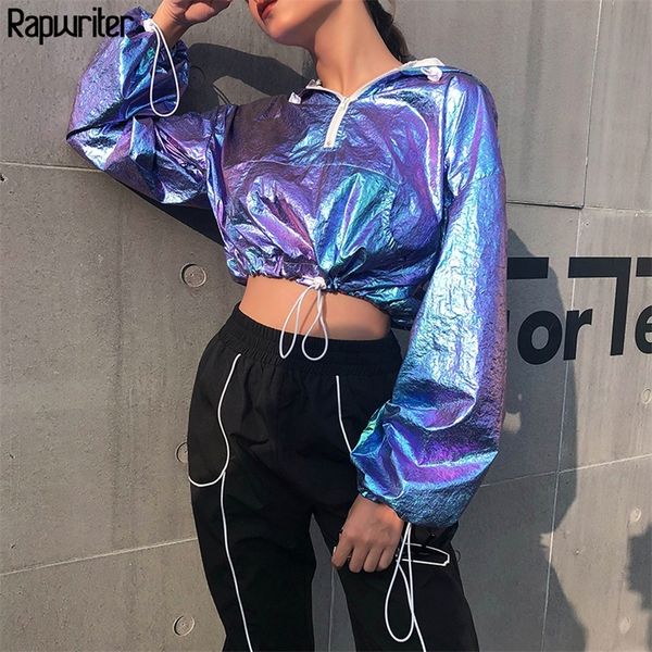 

rapwriter fashion zipper drawstring harajuku laser hoodie sweatshirt women 2020 long sleeve crop korean pullovers femme t200730, Black