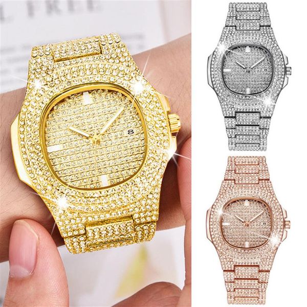 

brand iced out watch quartz gold hip hop wrist watches with micropave cz stainless steel wristband clock hours2500, Slivery;brown
