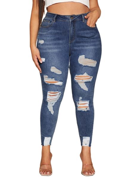 

plus ripped slant pocket cropped jeans a0m5#, Blue