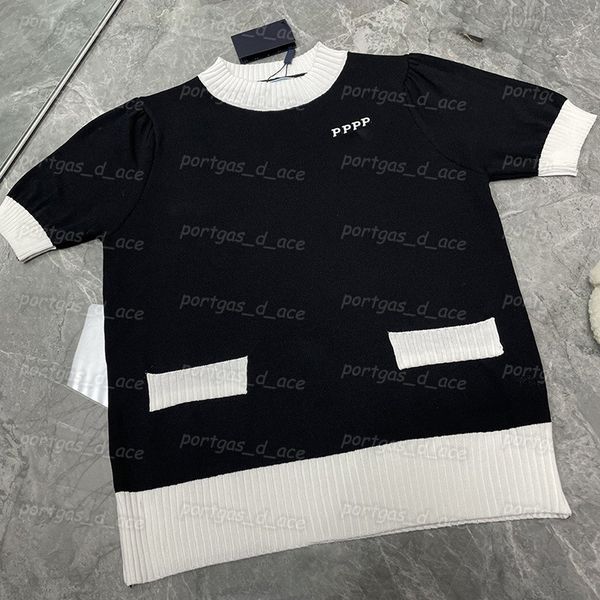 

black knitted womens tees letter short sleeve round collar knits for women, White
