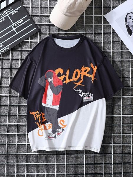 

men figure & slogan graphic two tone tee f3qk#, White;black