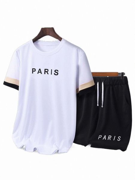 

men letter graphic contrast panel tee & shorts b4uh#, Gray