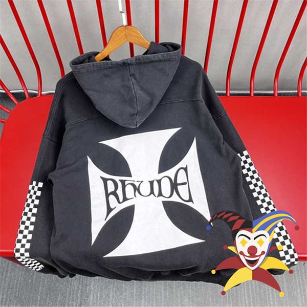 

washed black checkerboard rhude hoodie men women vintage oversize rhude sweatshirts pulloverne6v