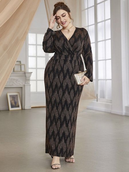 

plus random allover pattern overlap collar slit back glitter dress y25r#, Black