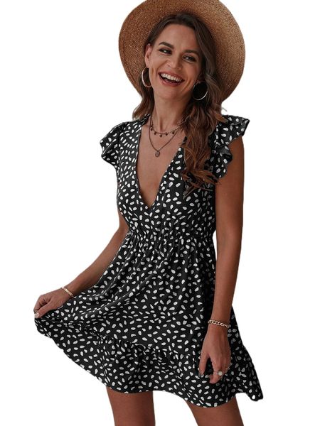 

allover print butterfly sleeve a-line dress p7kg#, Black;gray