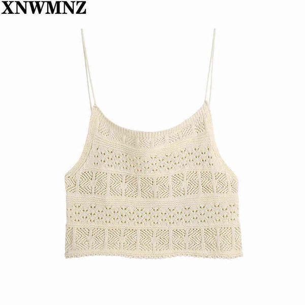 

xnwmnz za women fashion hollow out cropped knitted tank vintage o neck thin straps female camis mujer chic 210513, White;black