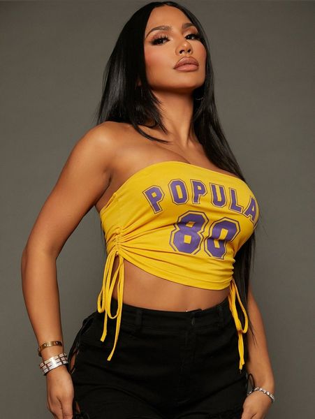 

letter graphic drawstring ruched tube s2ds#, White