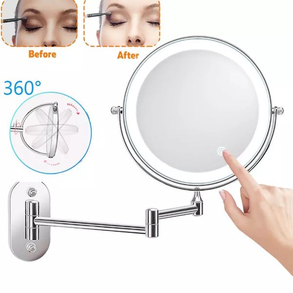 Specchio per il trucco a LED a 2 facce da bagno a parete da 8 pollici Specchi cosmetici regolabili con ingrandimento 10X Specchi oscuranti touch