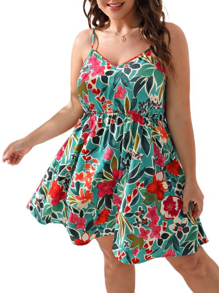 

plus floral print cami dress 94ym#, Black