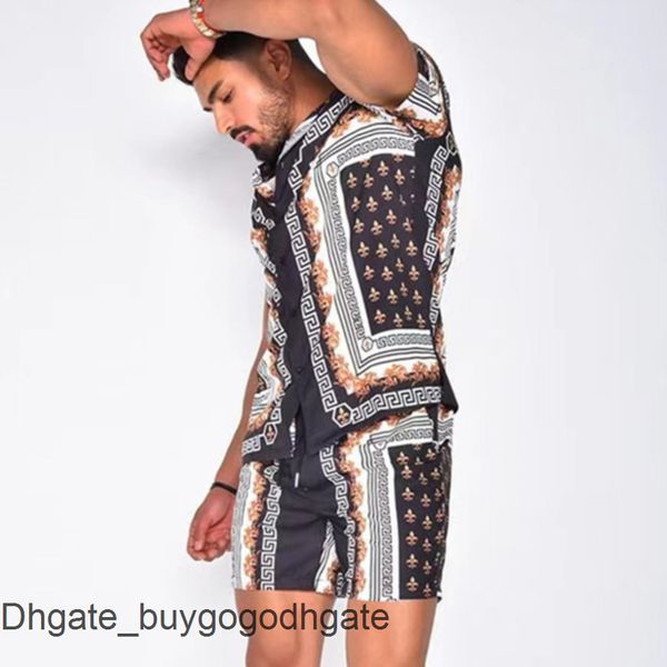 

casual men's summer shirts tracksuit hawaiian sets t-shirts printing luxury swim short sleeve button men shirt suit vacation beach fash, White;black