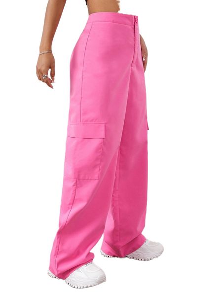 

high waist flap pocket side cargo pants w4fw#, Black;white