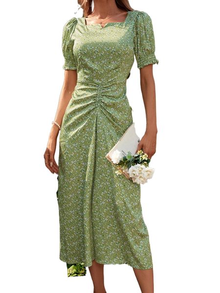 

ditsy floral ruched puff sleeve dress e55o#, Black;gray