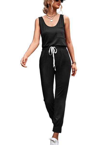 

drawstring waist patched pocket tank jumpsuit e19h#, Black;white