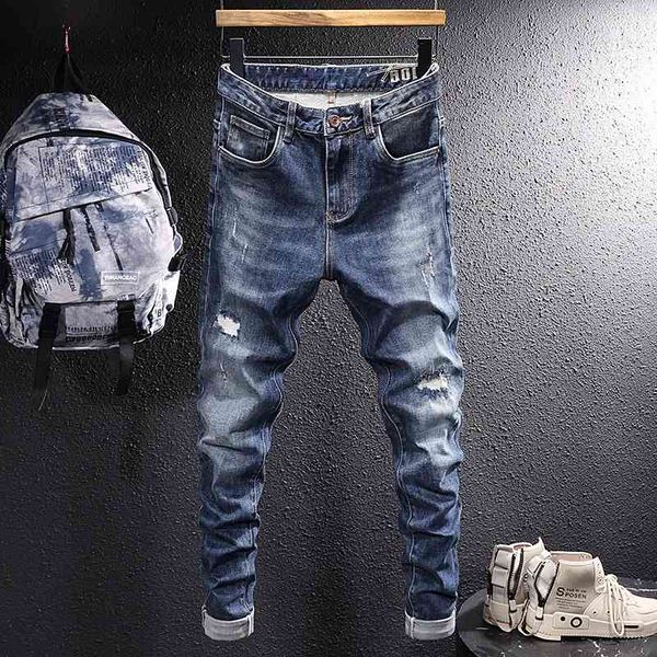 

men's jeans fashion brand elastic jeans men's korean fashion hole patch slim fit leggy youth pants fk2y, Blue