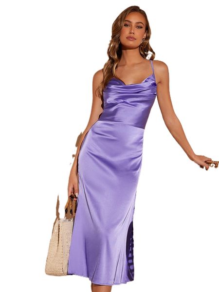 

cowl neck satin split thigh cami dress 85b5#, Black;gray