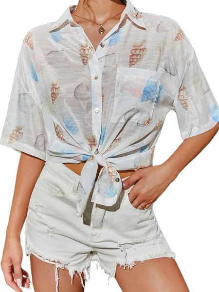 

conch print pocket front blouse x3b4#, White