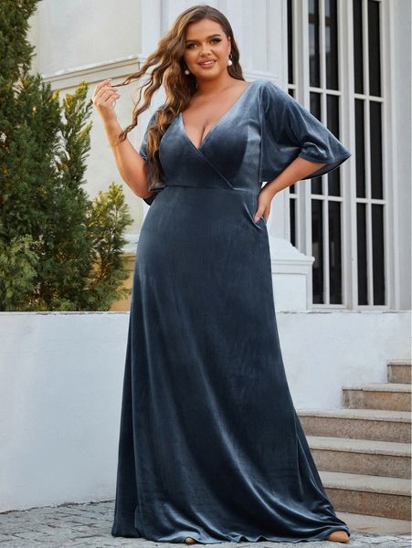 

ever-pretty plus double v-neck flounce sleeve velvet dress f7nf#, Black