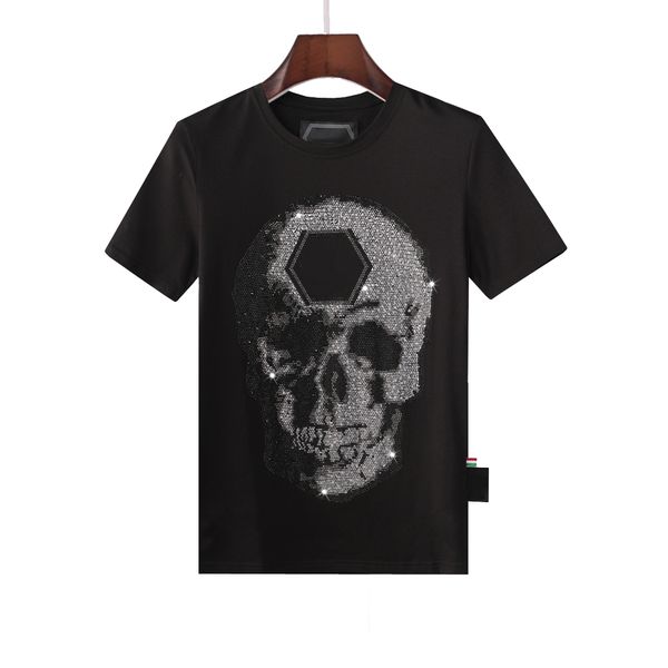 

pleinxplein men's t-shirts skulls metal letters embroidered leather plein plan european fashion trend round neck pp shirts white and bl, White;black