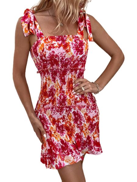 

tie shoulder floral print shirred frill cami dress s16o#, Black;gray