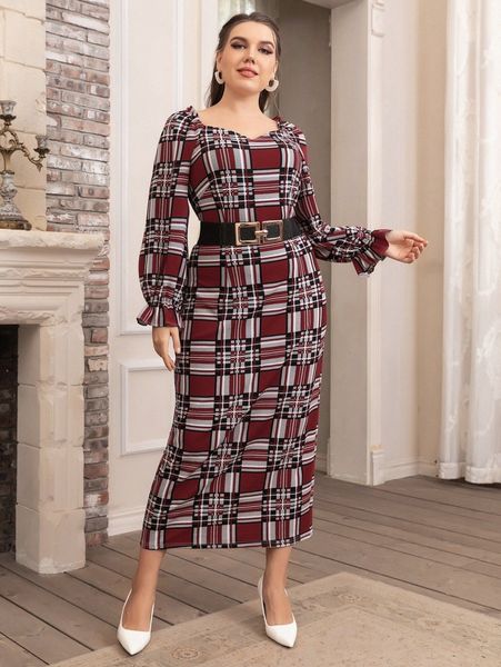 

plus plaid frill trim flounce sleeve dress without belt f3sw#, Black