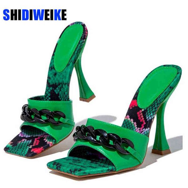 

slippers summer elegant women slippers fashion metal chain decoration high heels sandals mules slides pumps square toe ladies shoes 220427, Black