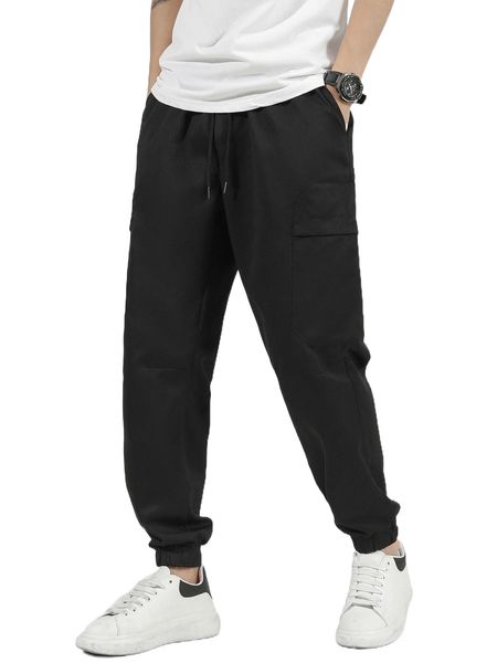 

men solid drawstring waist cargo pants h0xr#, Black
