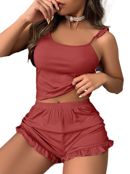 

ruffle trim cami pajama set g4r3#, Black;red