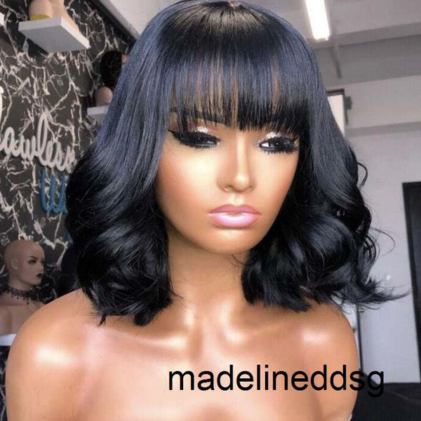 

short wavy bobo synthetic wig with bangs black color wigs heat resistant hair for black women 48i2