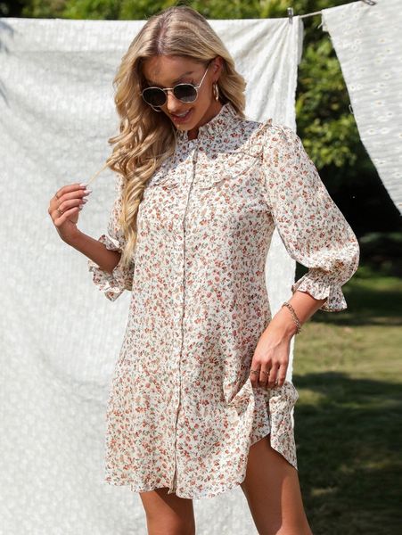 

ditsy floral print flounce sleeve ruffle trim dress n6xx#, Black;gray