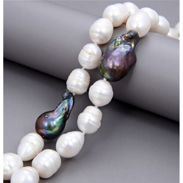 

2 large stock breeding black keshi pearl white rice pearl necklace 18&quot, Silver