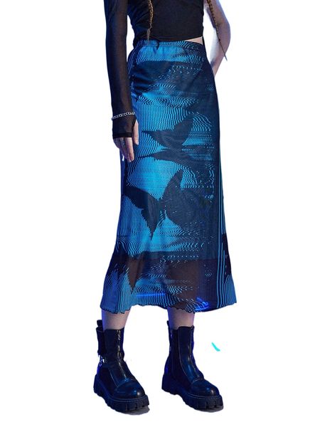 

romwe cyber luvr butterfly print skirt k7il#, Black