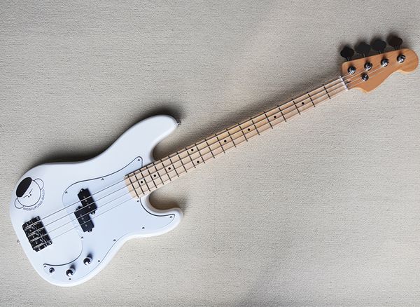 

white 4 strings electric jazz bass guitar with maple fingerboard