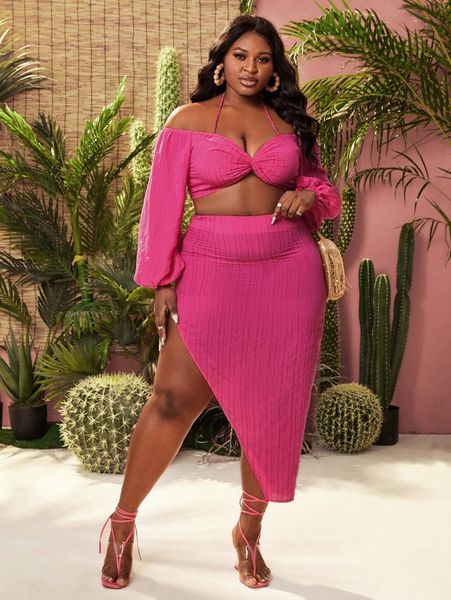 

sxy plus halter off shoulder lantern sleeve crop & asymmetrical hem skirt n65r#, Black