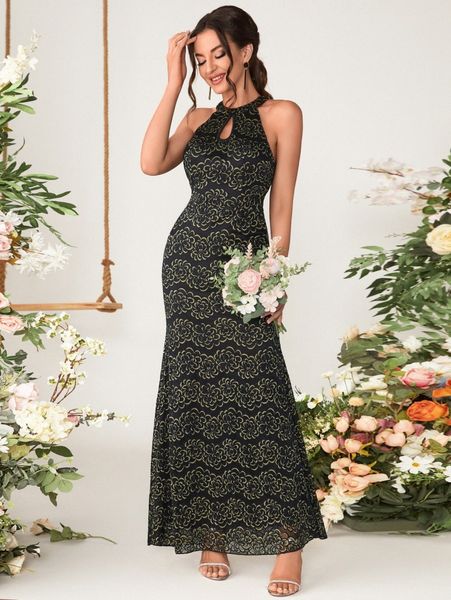 

keyhole neckline floral lace maxi halter dress i7ci#, Black;gray