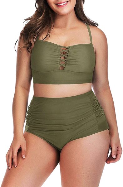 

women's plus size high waist bandage bikini sets chic swimsuit retro bathing suit h18y#, White;black