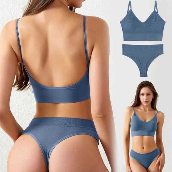 Roupa íntima feminina Conjunto de sutiã de sutiã de costas abertas Sexy Free Wiretletfree Bralette Top Lingerie sem costura Conjunto de cintura baixa G-String L220727