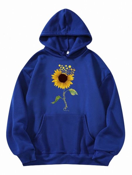 

slogan & sunflower print kangaroo pocket drawstring thermal hoodie s3c5#, Black