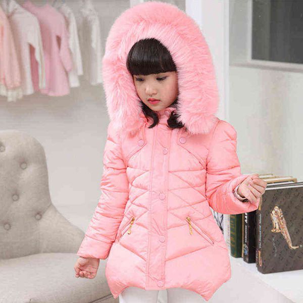 

kids cothing warm padding jacket for girl long winter thicken parka with fur cap children outerwear jackets 4 6 8 10 year old j220718, Blue;gray