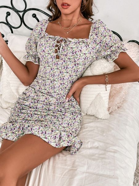 

ditsy floral lace up ruched side dress a4fz#, Black;gray