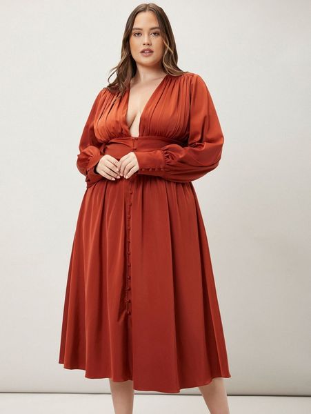 

motf premium plus gathered plunging neck dress g51r#, Black