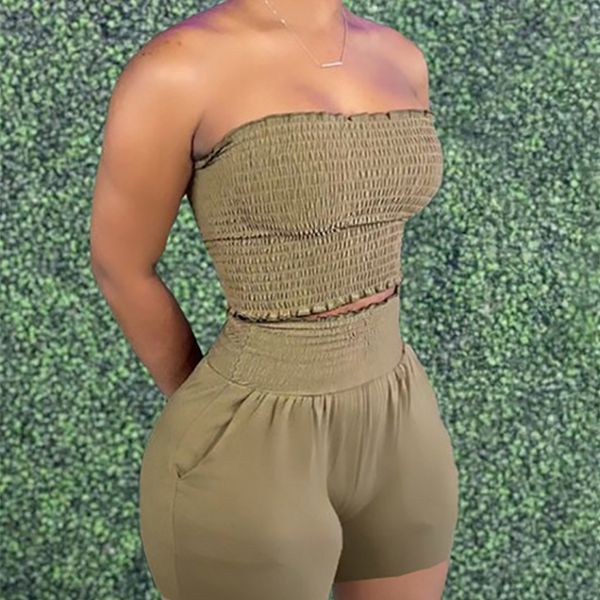 

two pieces sets summer sleeveless bandeau shirred pocket design shorts womens casual outfits 220527, White