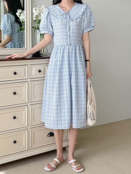 

dazy plaid print puff sleeve smock dress k7gs#, Black;gray